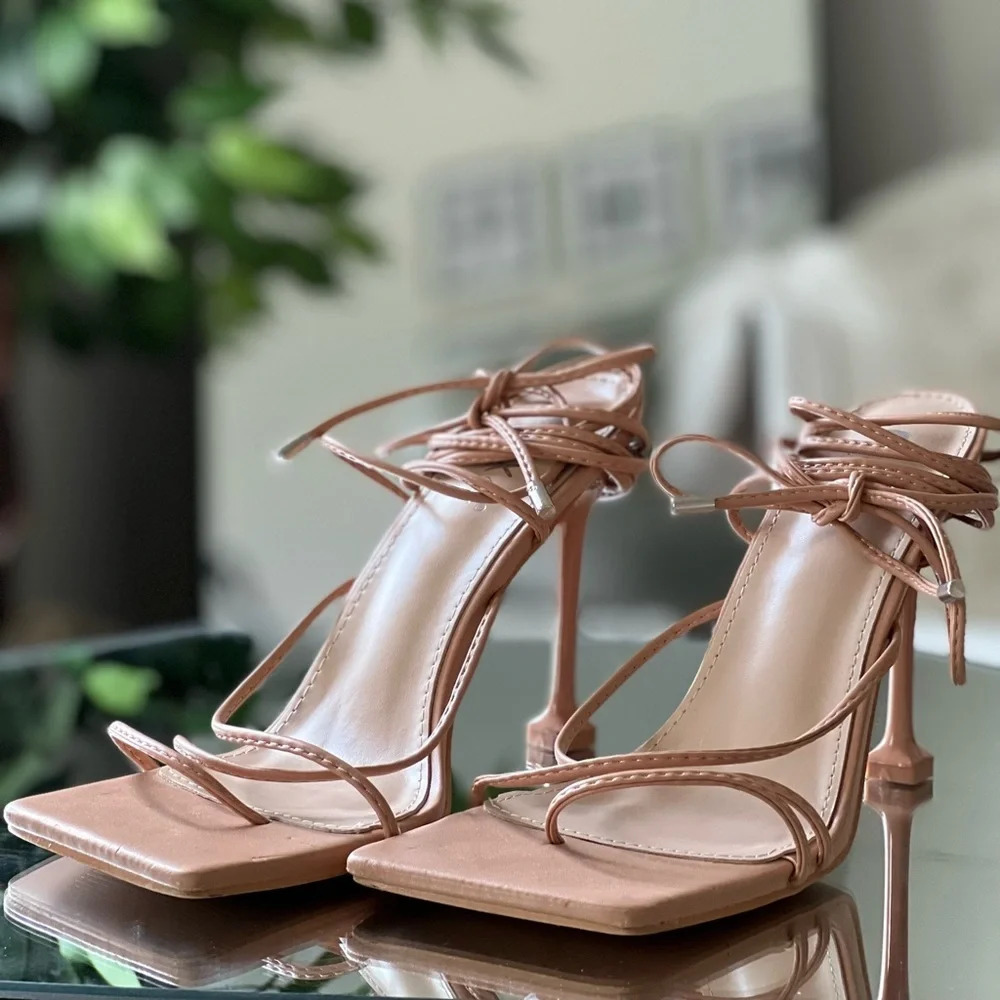 Sweet Talker Nude Strappy Lace Up Heels - Picture 3 of 9